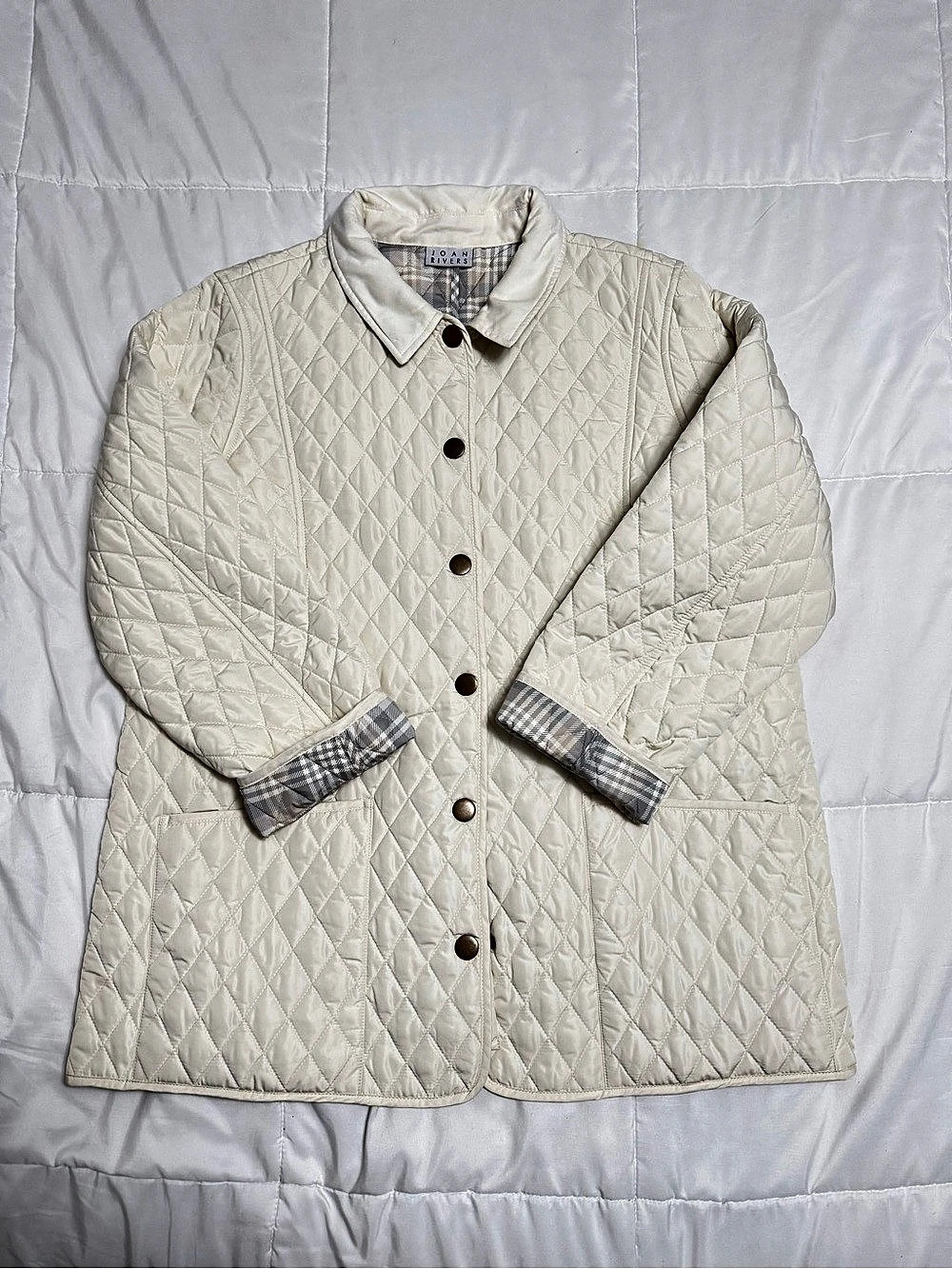 Joan Rivers Quilted Barn Coat with Plaid Lining in Cream
